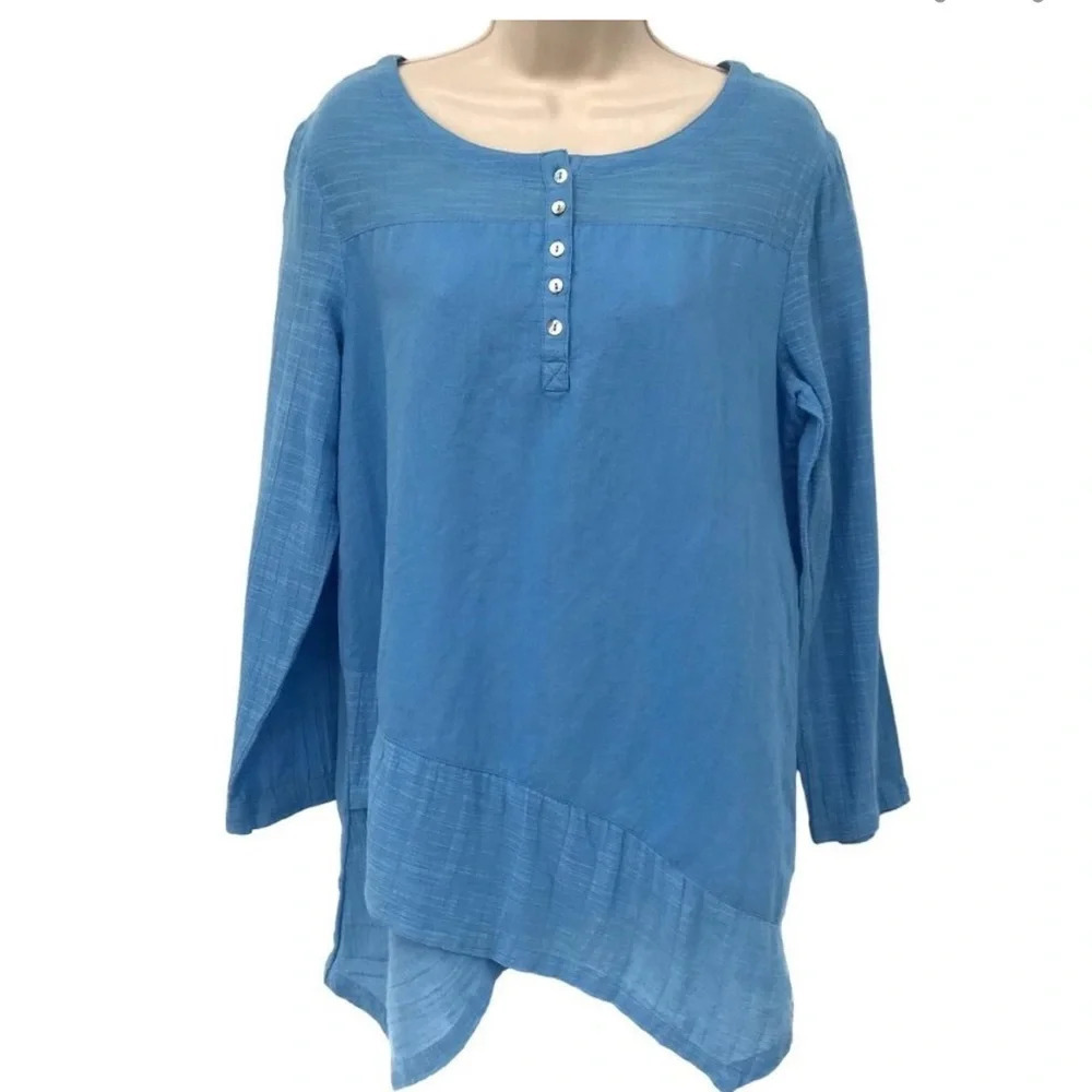 Soft Surroundings Womens Blue Breezy Nights Linen Blend Tunic Top